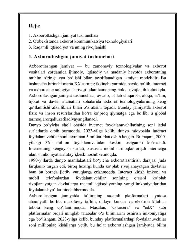 O'ZBEKISTONDA AXBOROTLASHGAN JAMIYATNING XUSUSIYATLARI VA VIRTUALLASHTIRISH JARAYONLARI 2