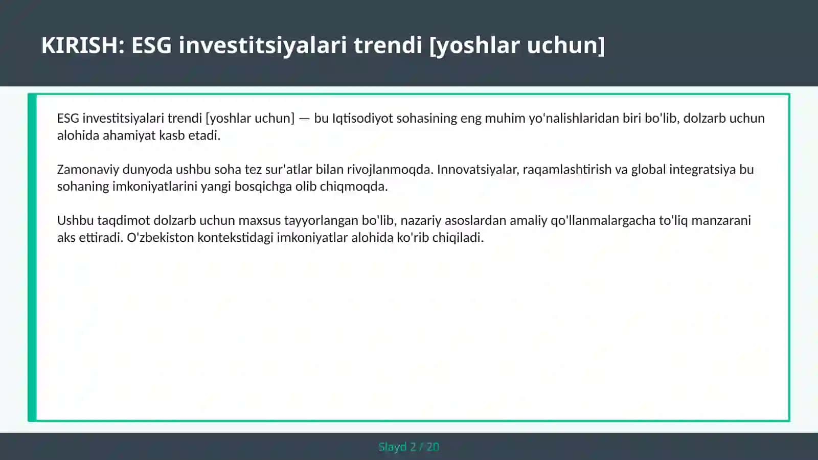 ESG investitsiyalari trendi [yoshlar uchun] 2