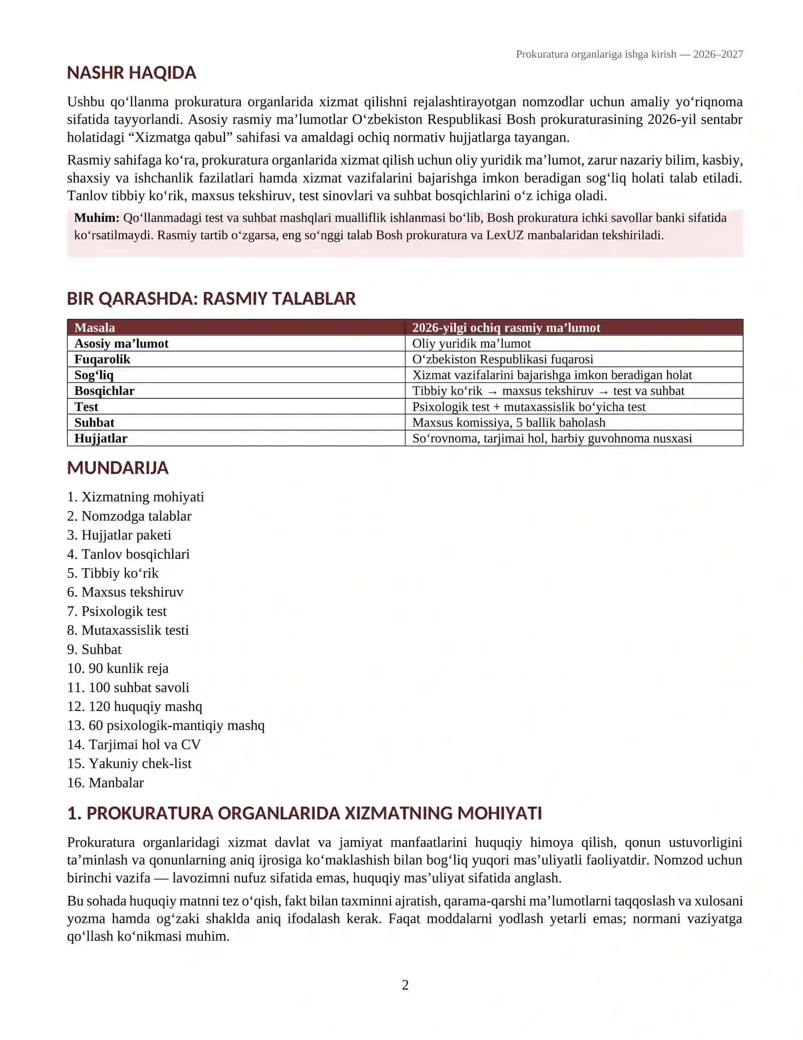Prokuratura organlariga ishga kirish — 2026–2027 2