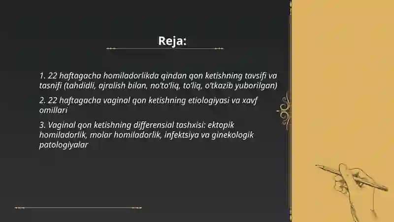 Homladorlikning erta muddatlarida 22 haftasigacha qindan qon ketish abort va uning asoratlari, tashxislash, olib borish oʻz oʻzidan sodir boʻlgan abortlarda shoshilinch yordam. Tibbiy abortga koʻrsatmalar medikamentoz va artifitsial abortlar. 2