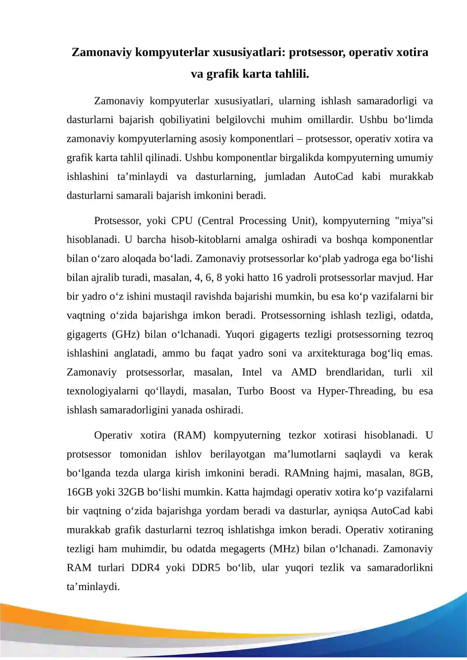 Zamonaviy kompyuterlar xususiyatlari. AutoCad dasturini o'rnatish. 2