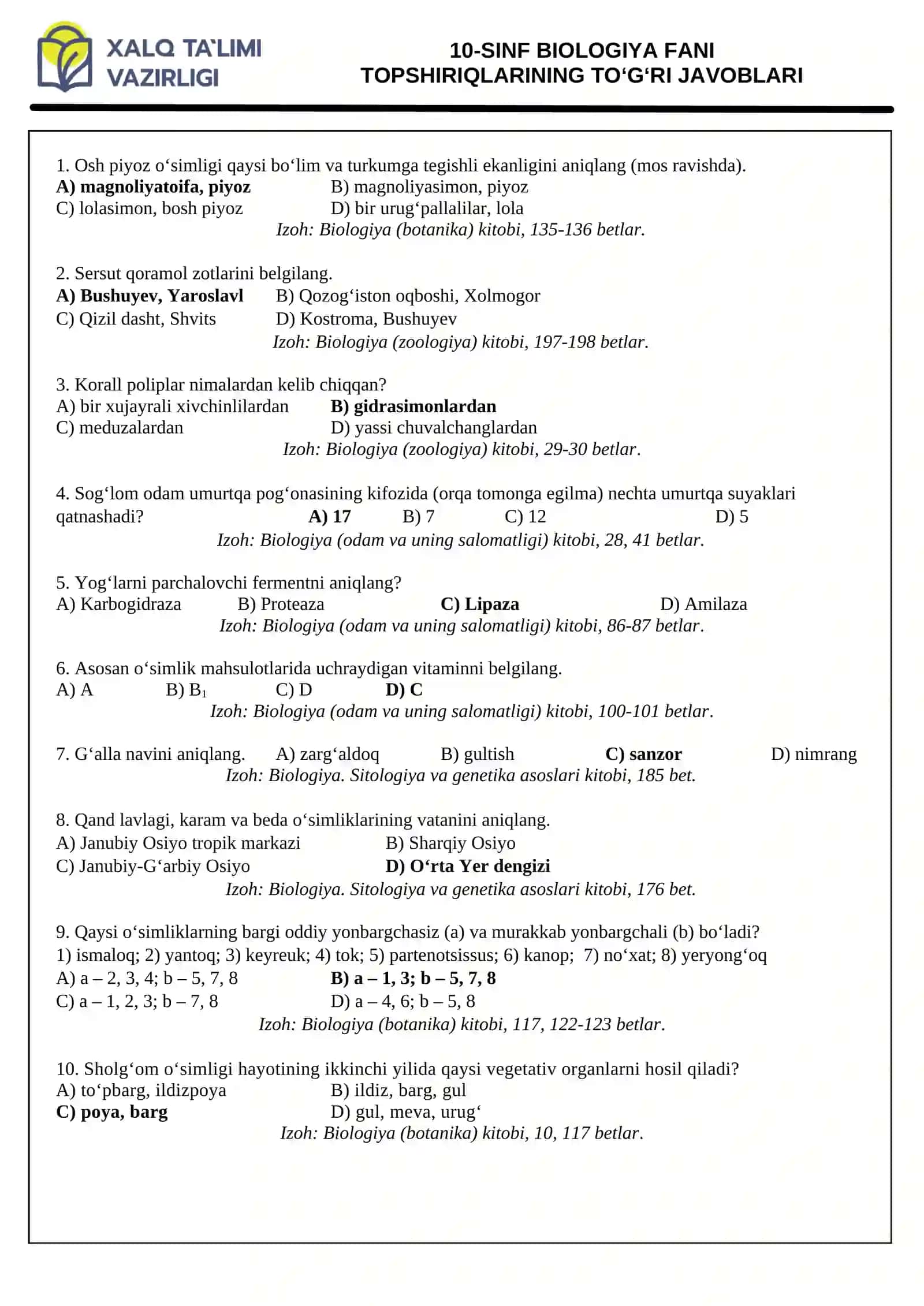 10-SINF BIOLOGIYA FANI TOPSHIRIQLARINING TO‘G‘RI JAVOBLARI 2