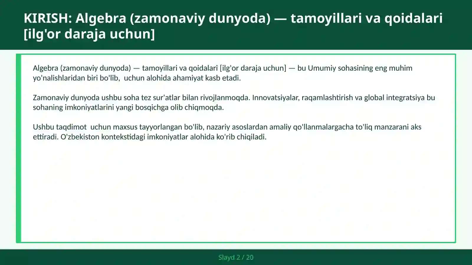 Algebra (ZAMONAVIY DUNYODA) — TAMOYILLARI VA QOIDALARI [ILG'OR DARAJA UCHUN] 2