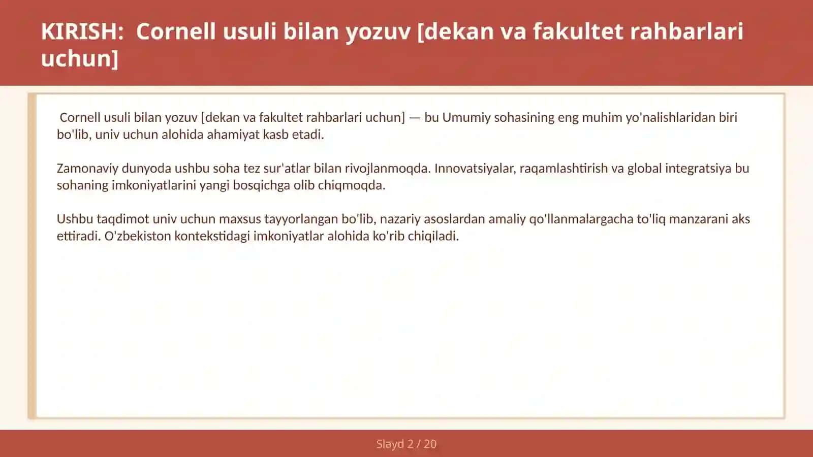 Cornell usuli bilan yozuv [dekan va fakultet rahbarlari uchun] 2