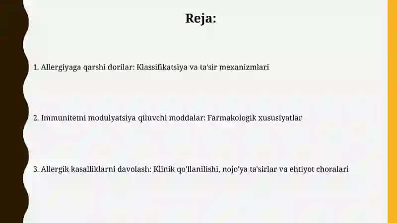 Immunitetga tasir etuvchi moddalar. Alergiyaga qarshi vositalar (farmakalogiyadan) 2