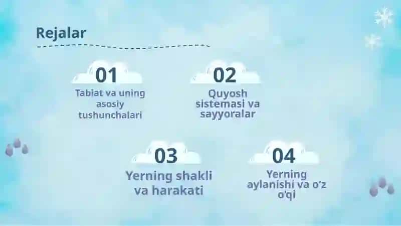 Tabiat haqida asosiy tushunchalar va tabiat komponentlari. Quyosh sistemasi va sayyoralar. Yer, uning shakli va harakati. Yerning o‘z o‘qi atrofida va Quyosh atrofida aylanishi 2
