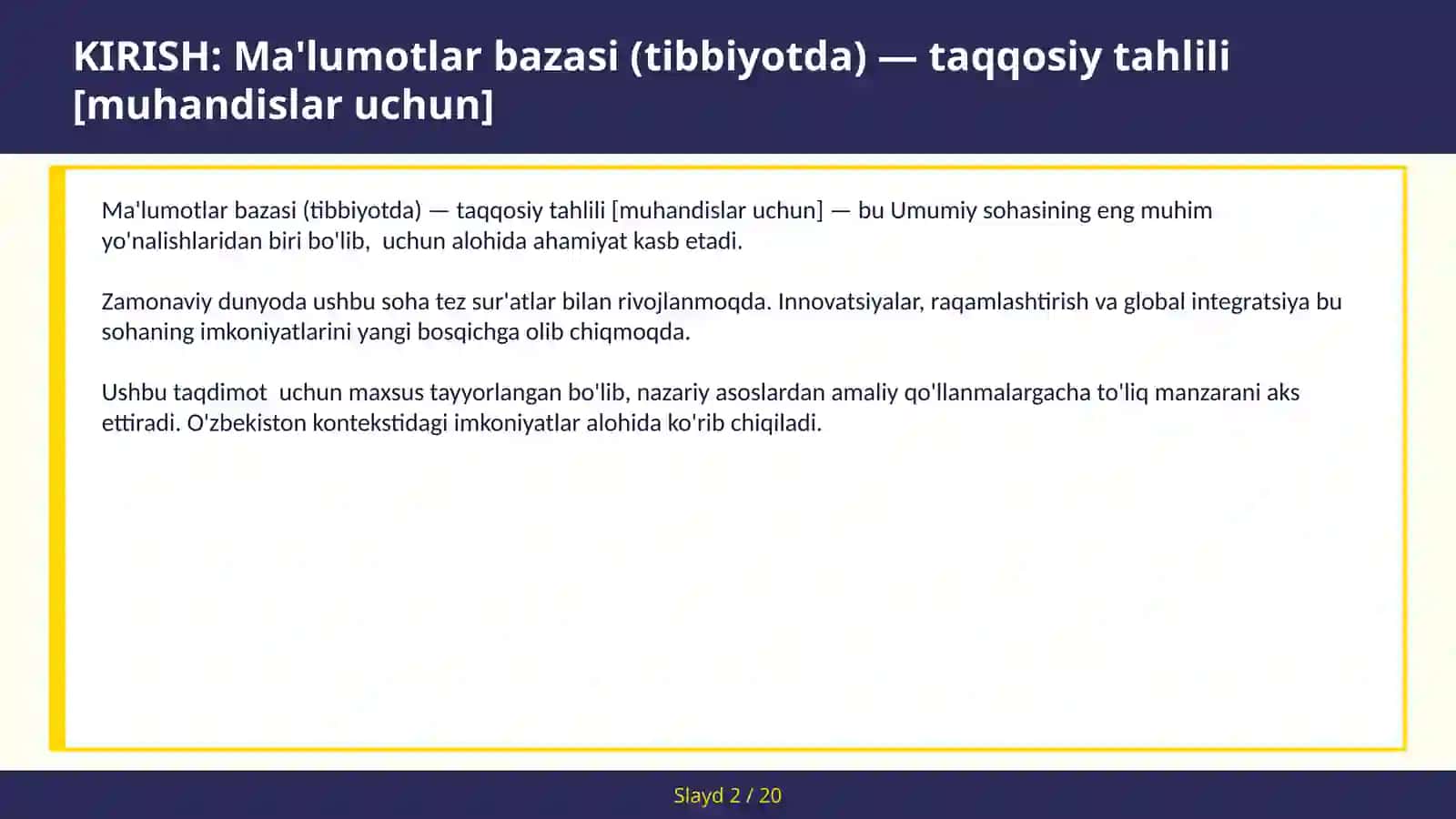 Ma'lumotlar bazasi (tibbiyotda) — taqqosiy tahlili [muhandislar uchun] 2