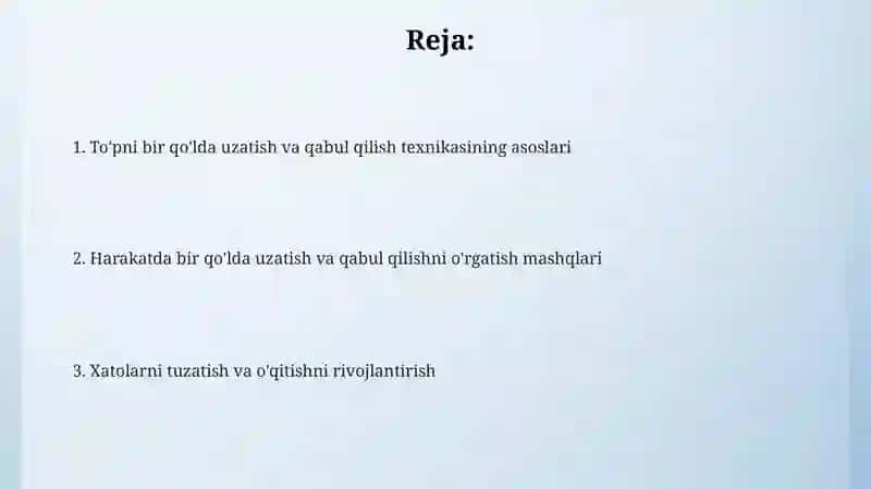Harakatda bir qo'l bilan to'pni uzatish va qabul qilish texnikasi 2