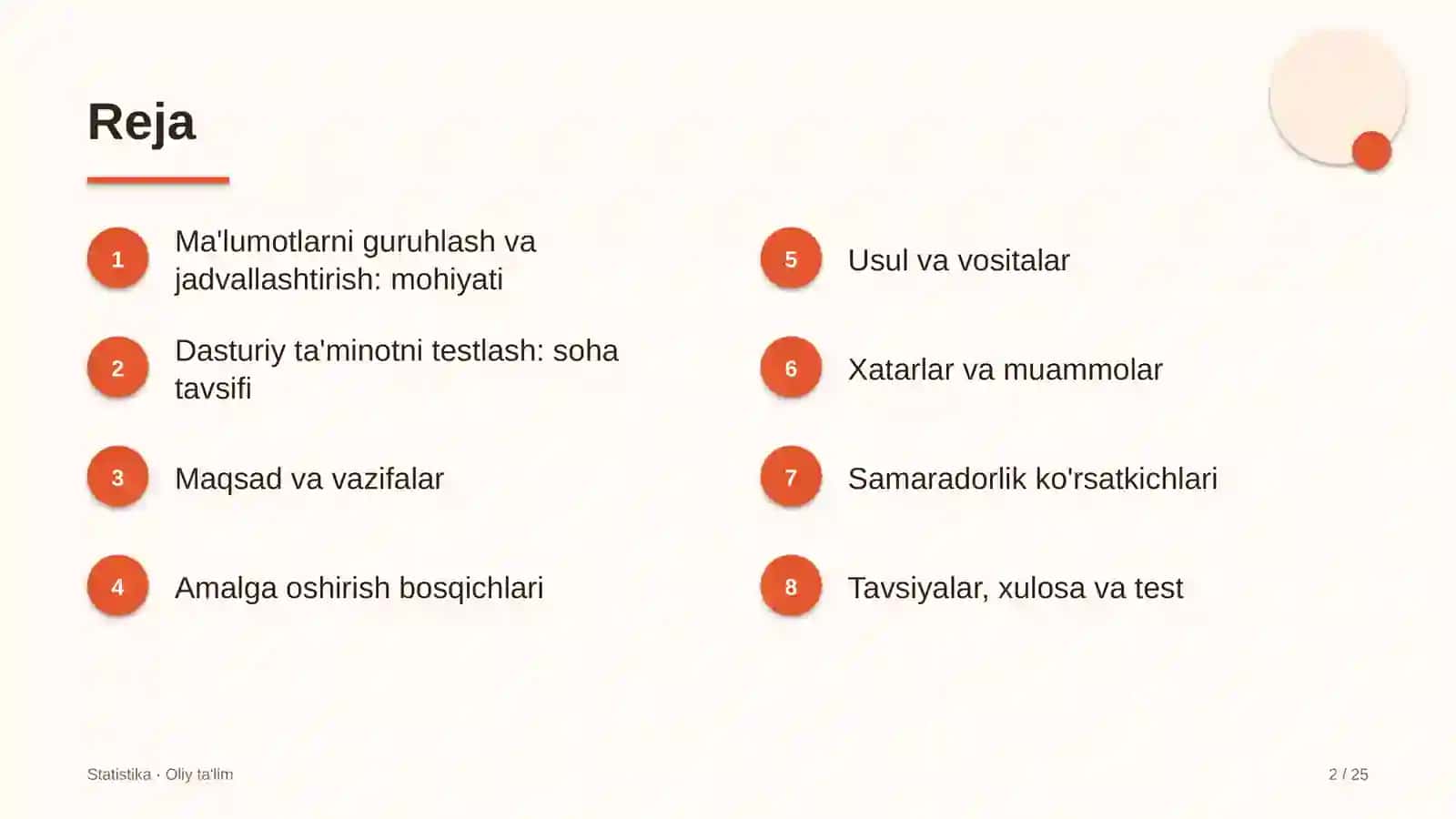 Dasturiy ta'minotni testlash sohasida ma'lumotlarni guruhlash va jadvallashtirish 2
