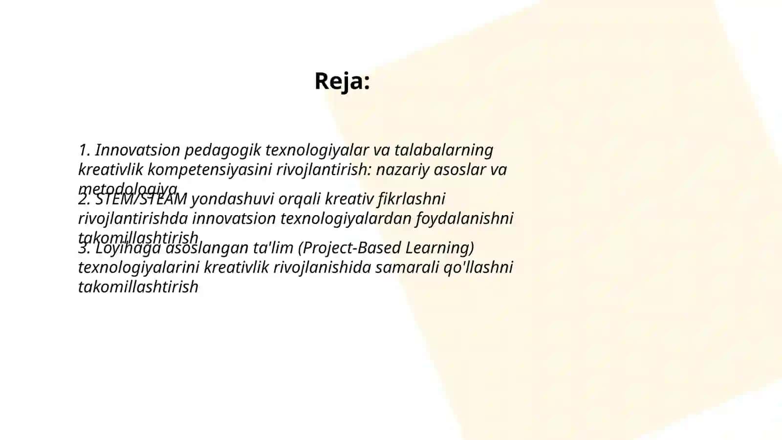 Talabalarning kreativligini rivojlantirishda innovatsion pedagogik texnologiyalardan foydalanishni takomillashtirish 2