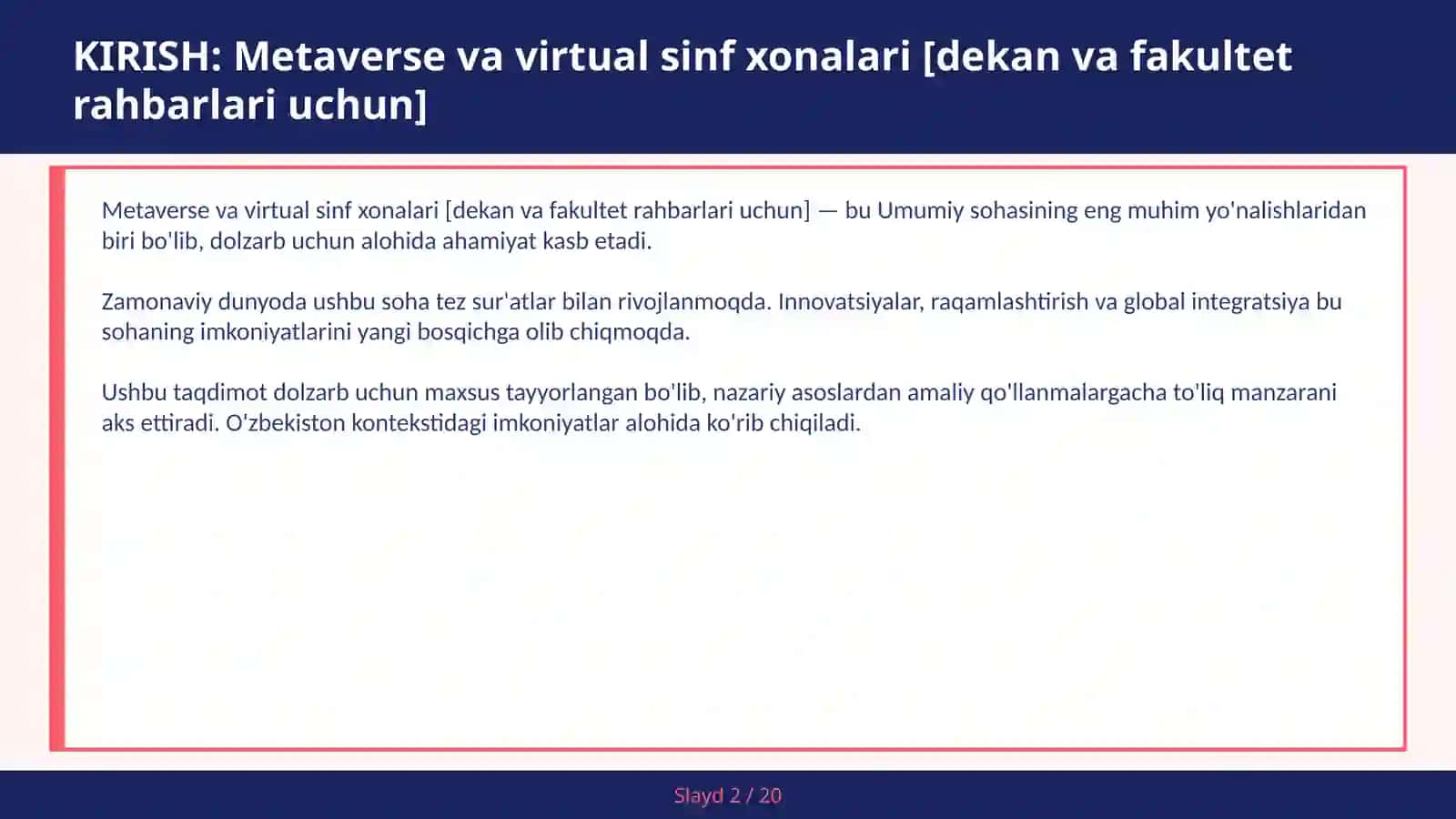 Metaverse va virtual sinf xonalari [dekan va fakultet rahbarlari uchun] 2
