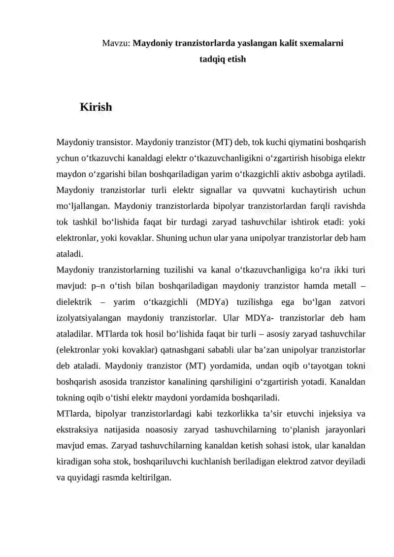 Maydoniy tranzistorda yig’ilgan elektron kalit sxemasini tadqiq etish 2