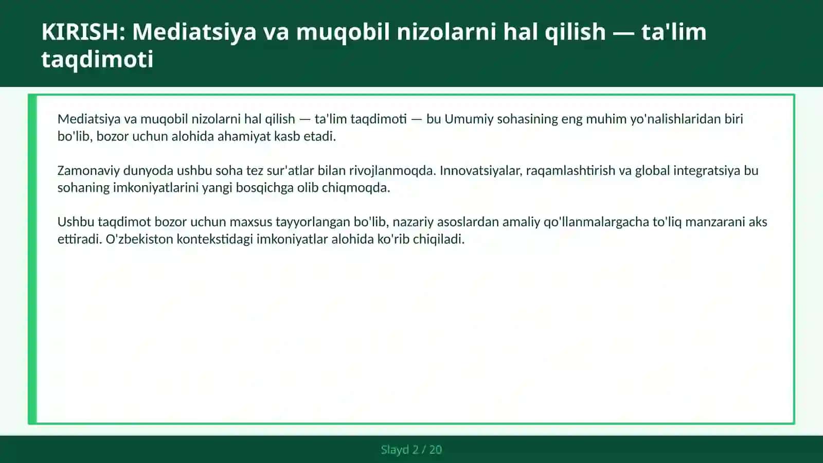 Mediatsiya va muqobil nizolarni hal qilish — ta'lim taqdimoti 2