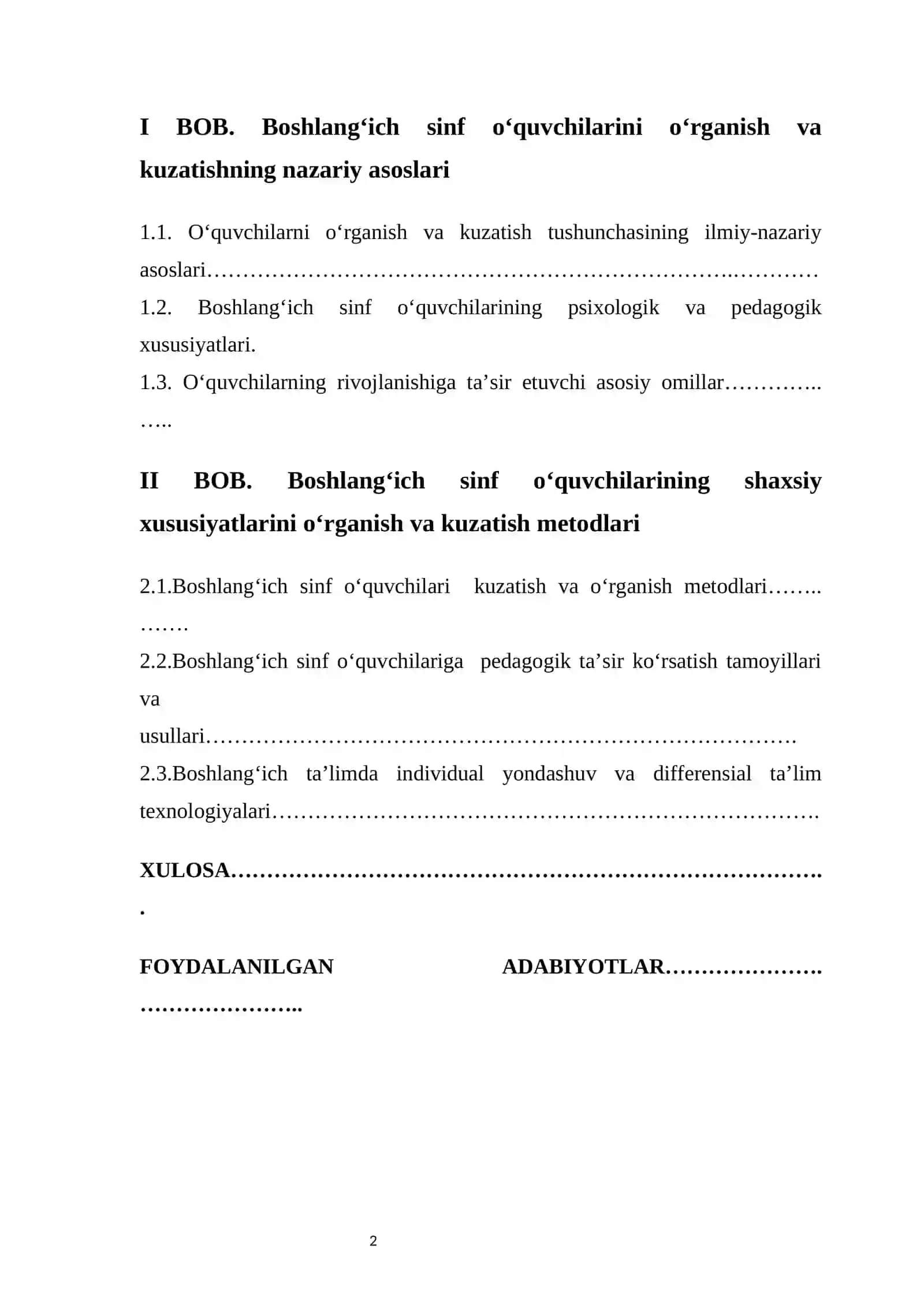 KURS ISHI Mavzu: Boshlangʻich taʼlimda oʻquvchilarni oʻrganish, kuzatish va taʼsir koʻrsatish metodikasi 2