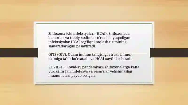 Shifoxonai chi infeksiyasi. Xirurgiyada OITS va KOVID-19 muammolari 2