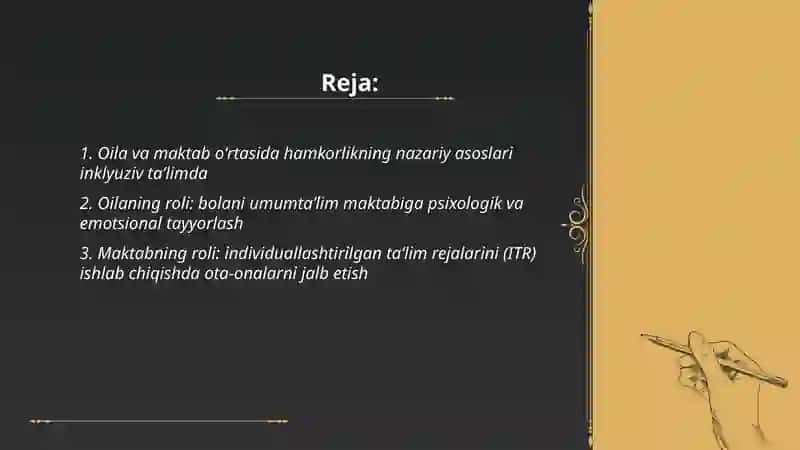 Alohida yordamga muhtoj bolani umumtaʼlim maktabi yoki maktabgacha tashkilotda inklyuziv taʼlim sharoitida oʻqishga moslashishda oila va maktabning oʻrni 2