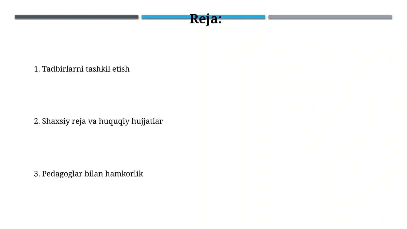 Pedagog bilan hamkorlik, tadbir va shaxsiy rejalar, maktabgacha ta'limga oid qonun ish hujjatlar 2