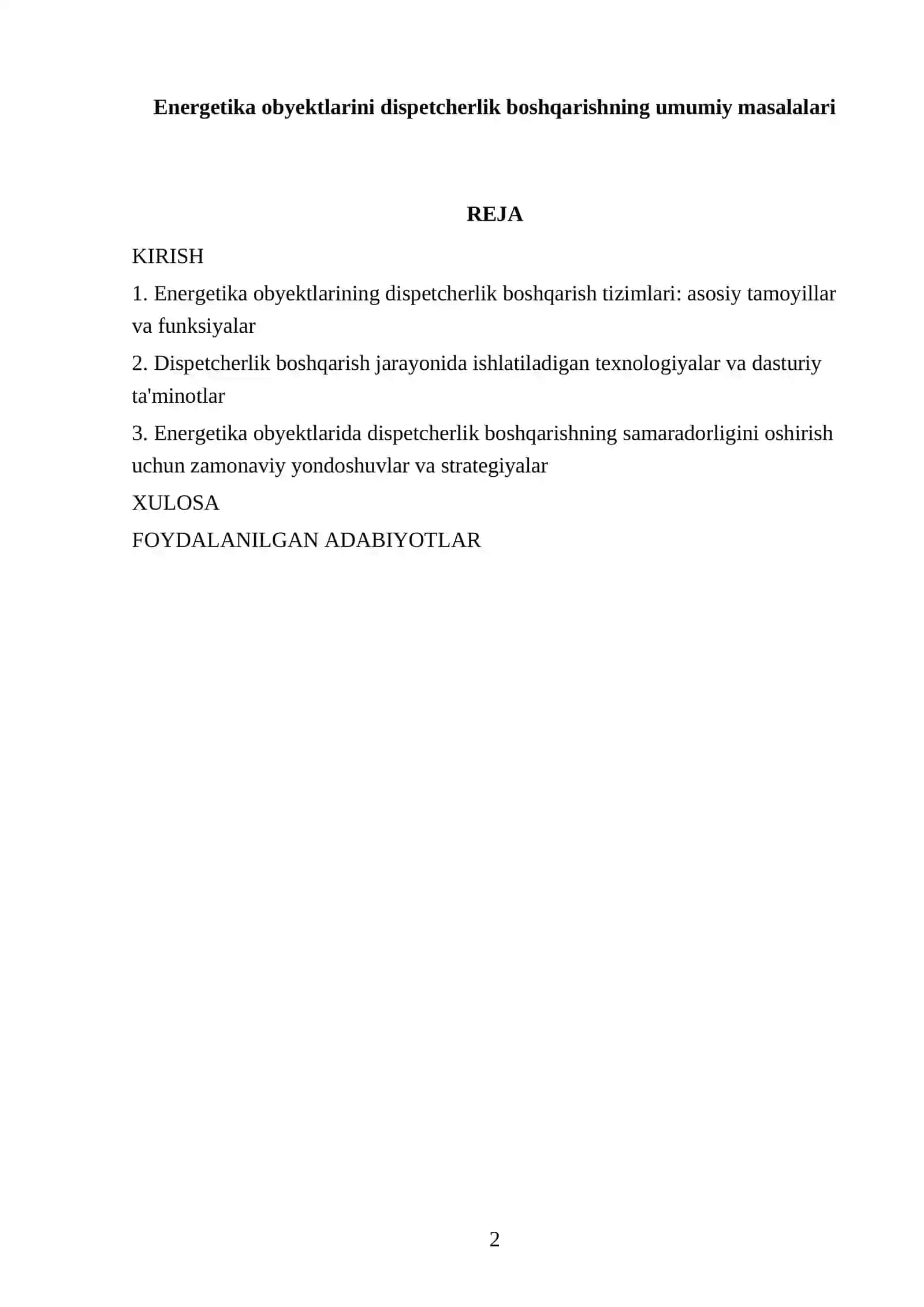 Energetika obyektlarini dispetcherlik boshqarishning umumiy masalalari 2