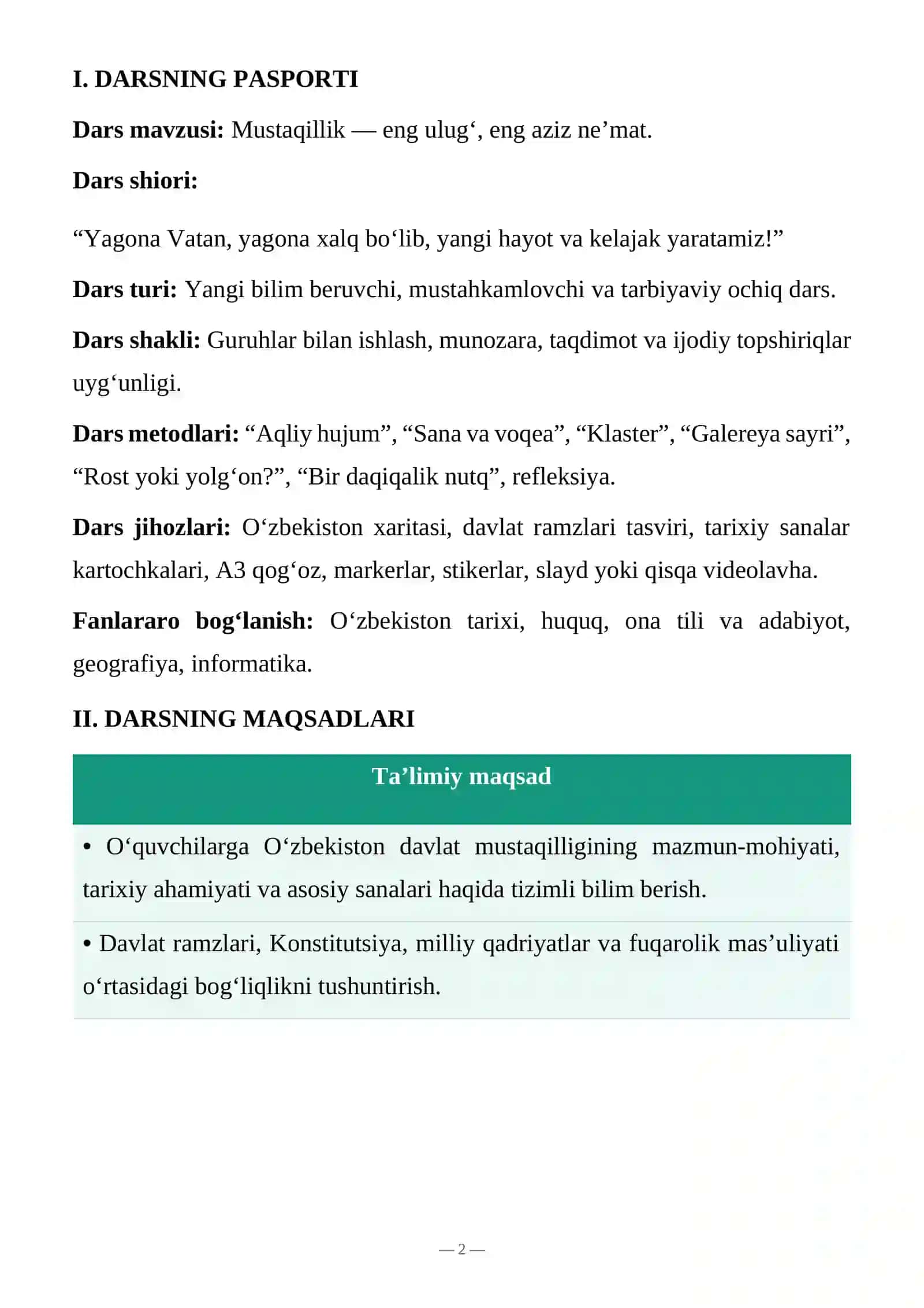 "MUSTAQILLIGIMIZNING 35 YILLIGI" DARS ISHLANMASI 8*sinf 2
