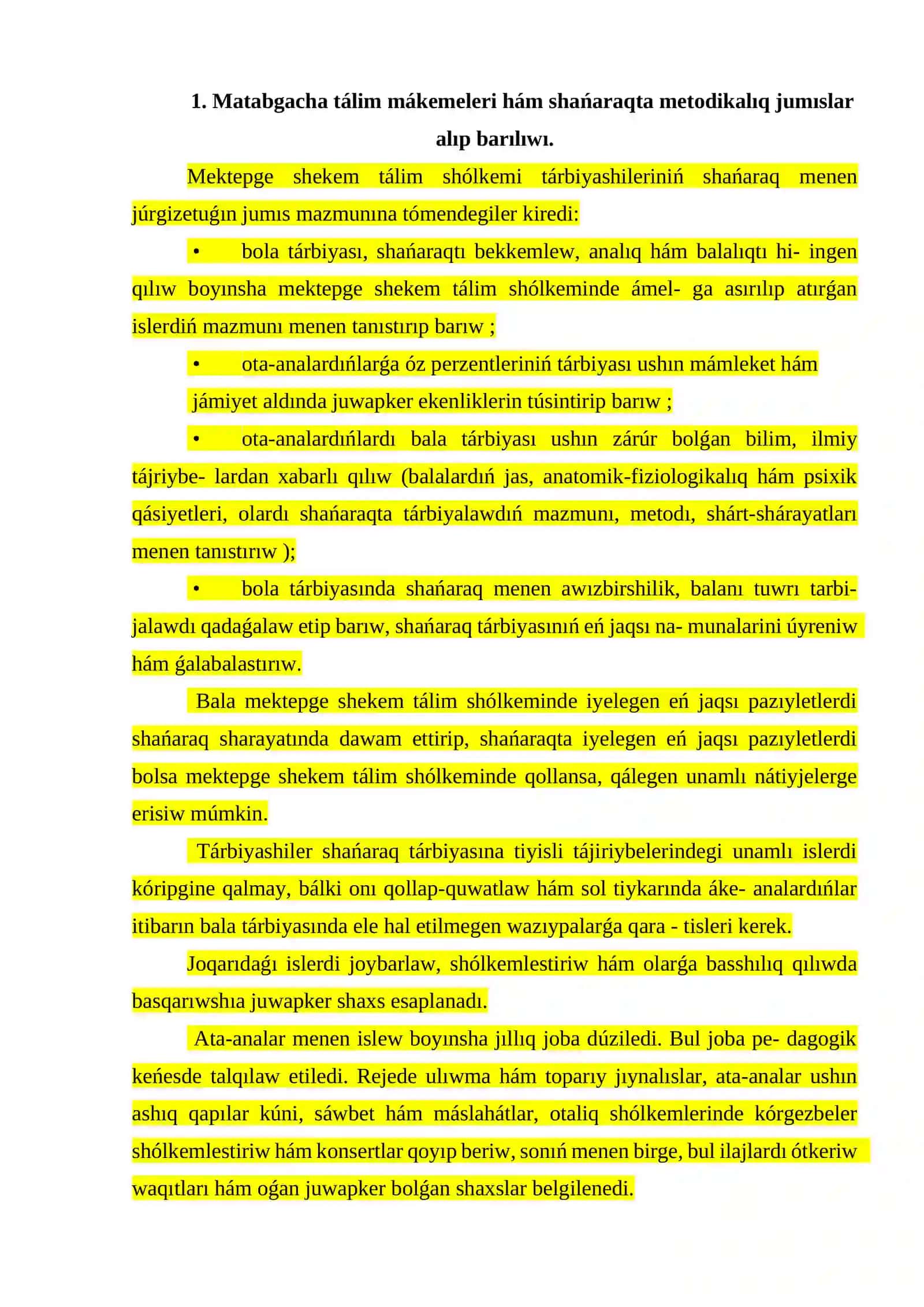 Mektepge shekem tálim mákemeleri hám shańaraqta til ósiriw boyınsha metodikalıq jumıslar 2