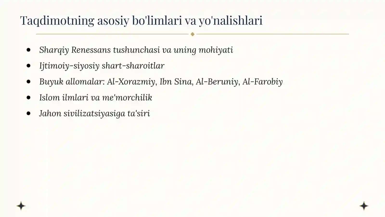 IX-XII asrlarda Movarounnahrda Sharqiy Renessans Madaniy uyg'onish, ilm-fan taraqqiyoti va buyuk allomalar merosi 2