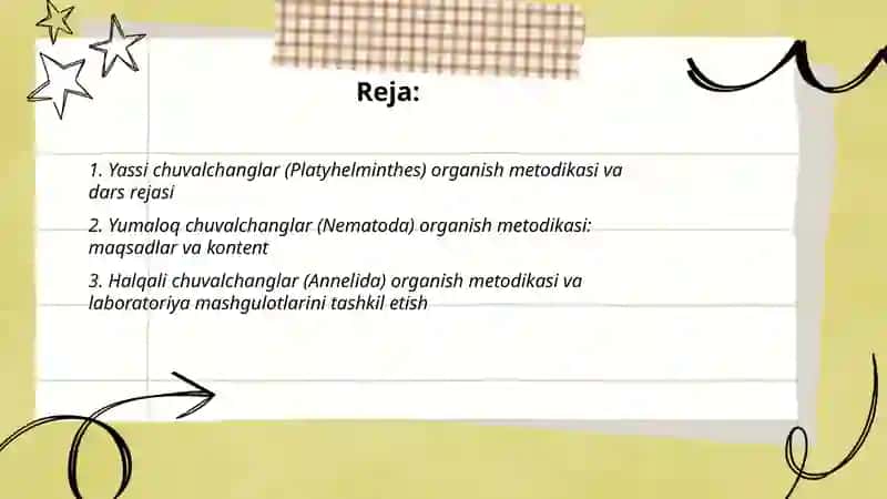 Yassi chuvalchanglar (Platyhelminthes) organish metodikasi va dars rejasi 2