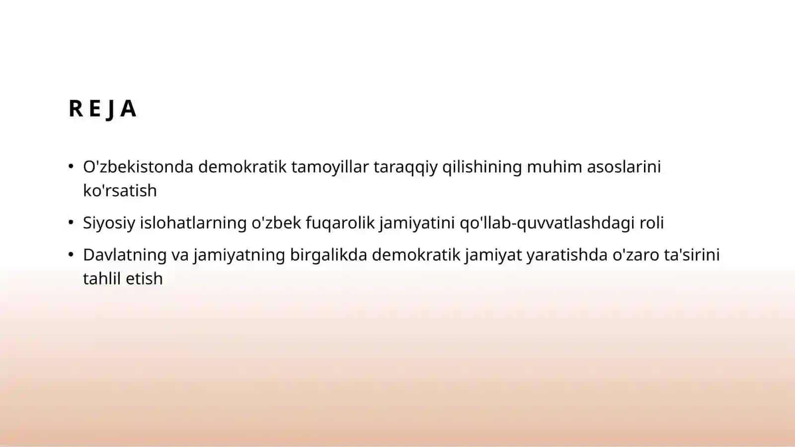 O'zbekistonda demokratik, fuqarolik jamiyati asoslarining shakillanishi, amalga oshirilgan siyosiy islohatlar 2
