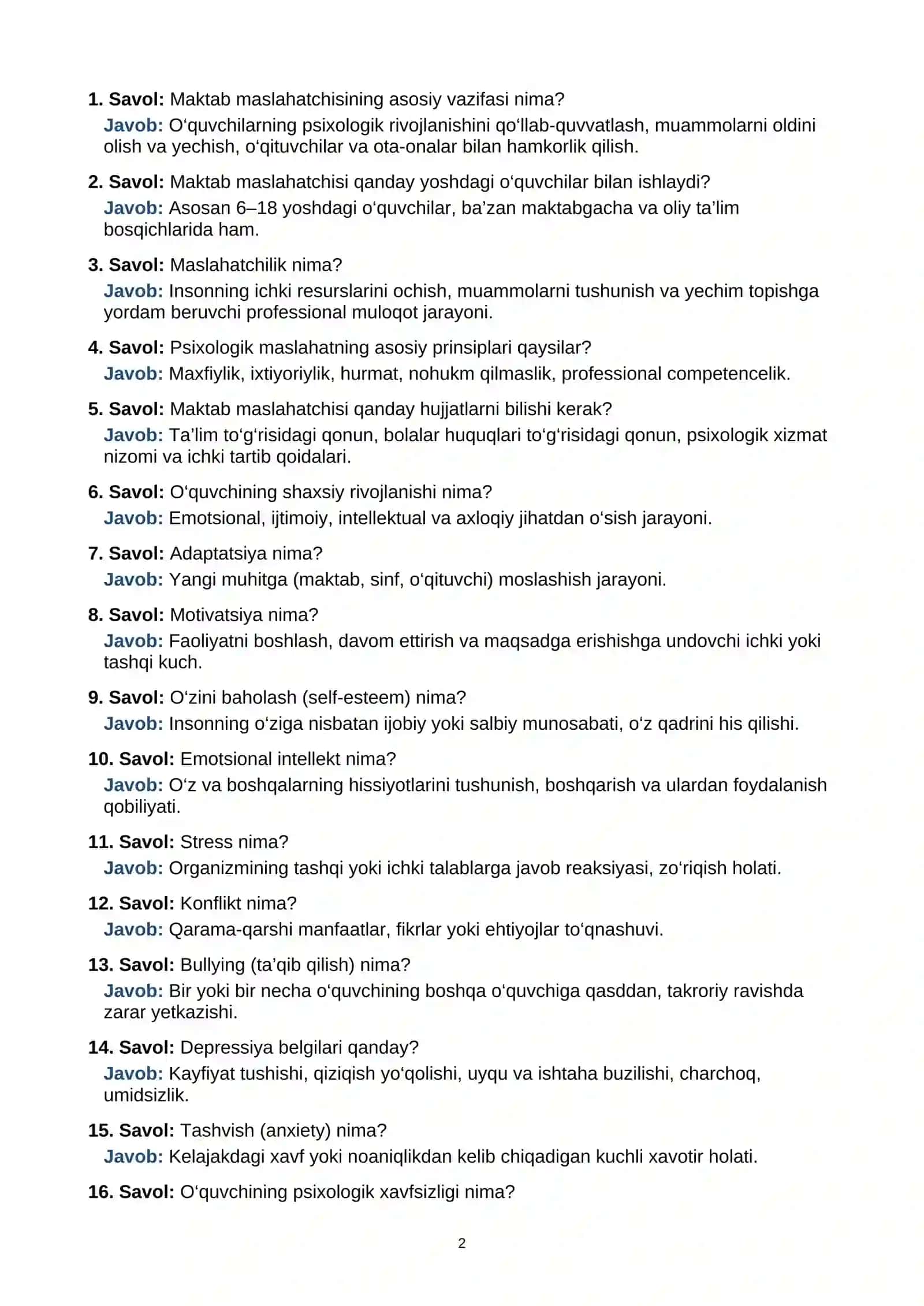 Maktab maslahatchisi: Test savol va javoblar 2
