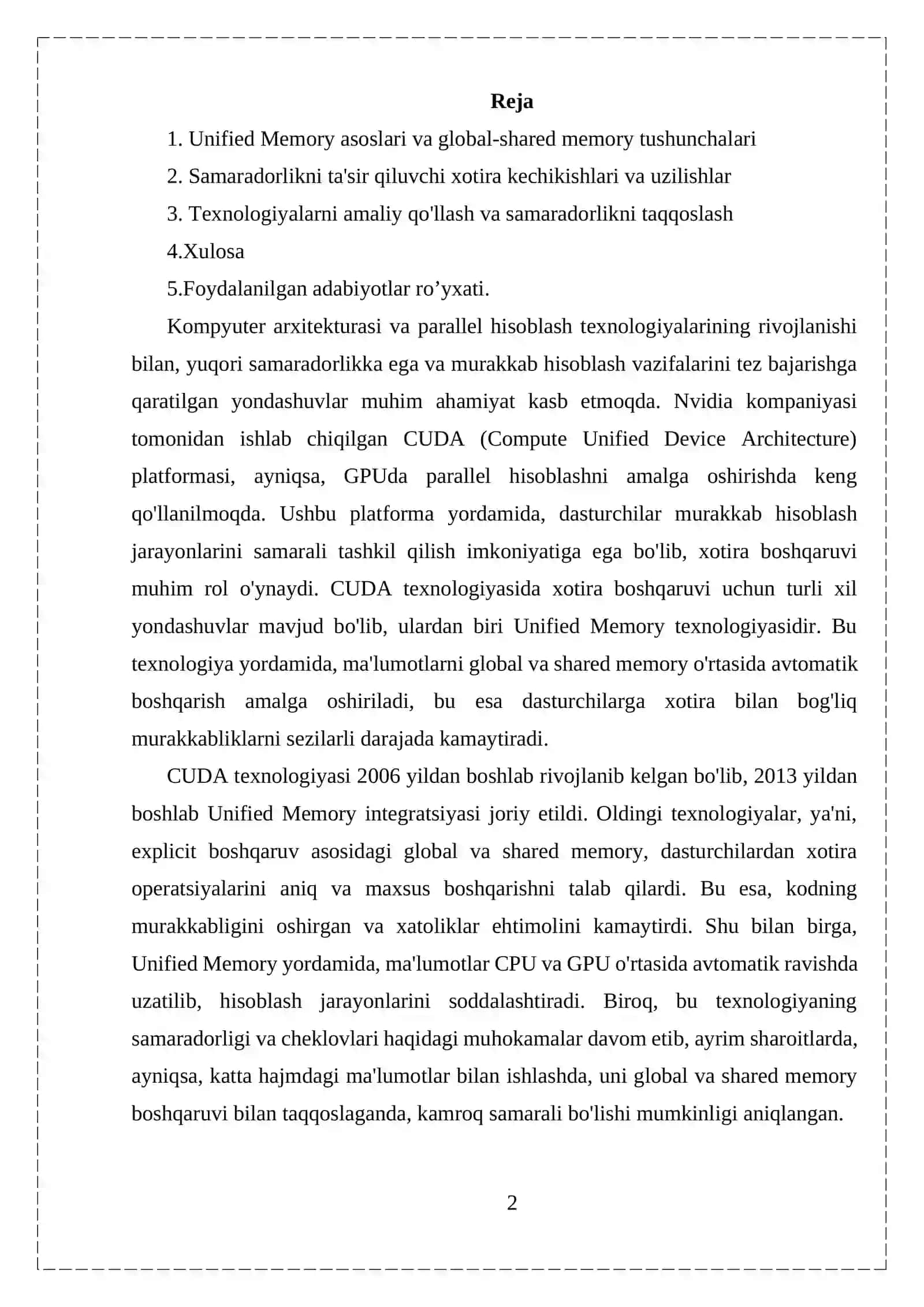 CUDA UNIFIED MEMORY TEXNOLOGIYASINING GLOBAL VA SHARED MEMORY BOSHQARUVI BILAN QIYOSIY SAMARADORLIK TAHLILI 2