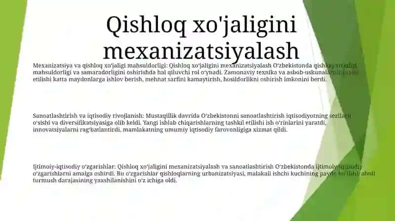 Mexanizatsiya va Qishloq xo'jaligi mahsuldorligi 2