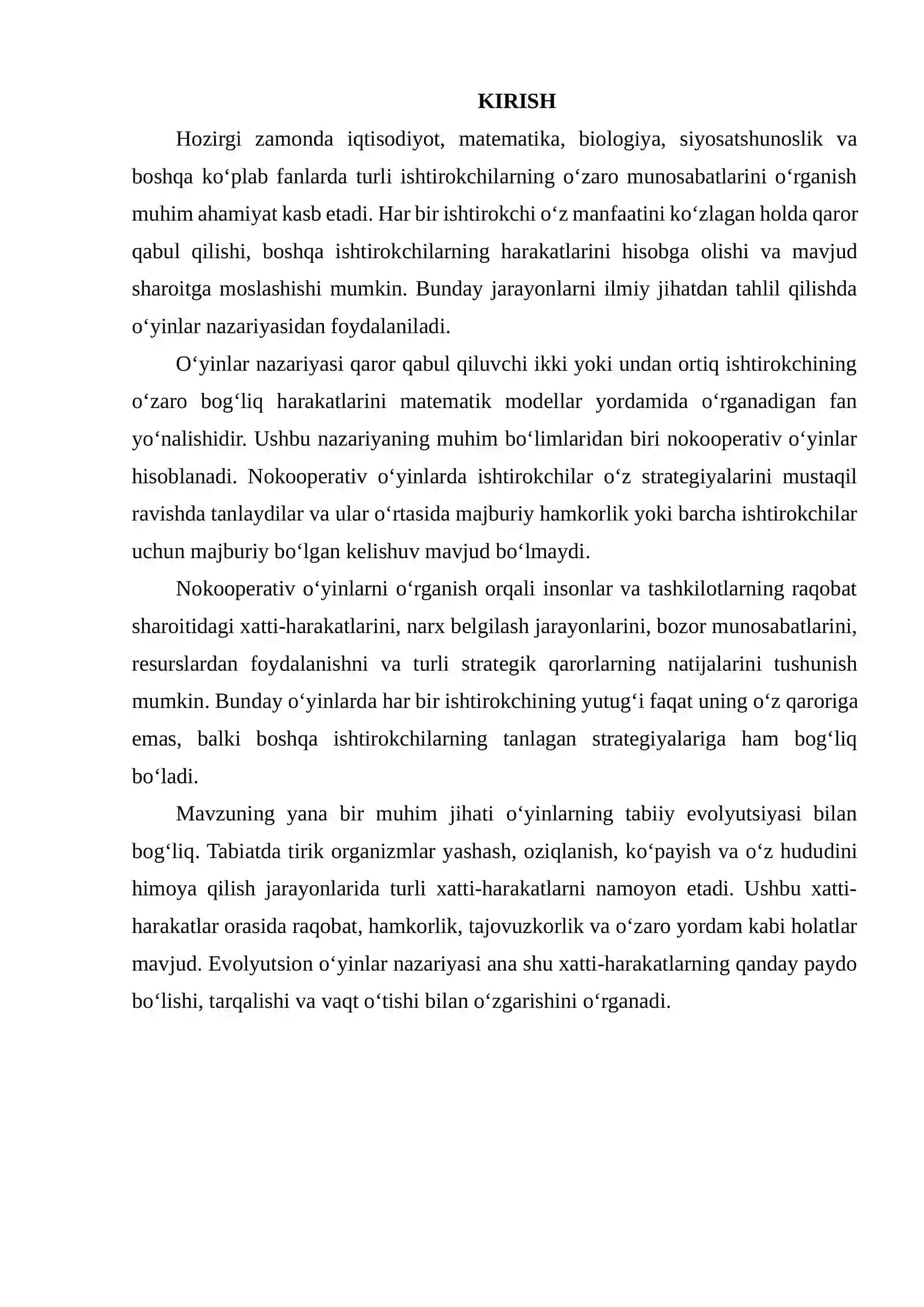 Nokooperativ O‘yinlar. O‘yinlarning Tabiiy Evolyutsiyasi 2