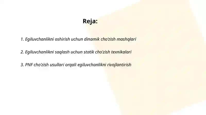 Egiluvchanlik tezkorlik va chaqqonlikni rivojlantiruvchi mashqlar 2