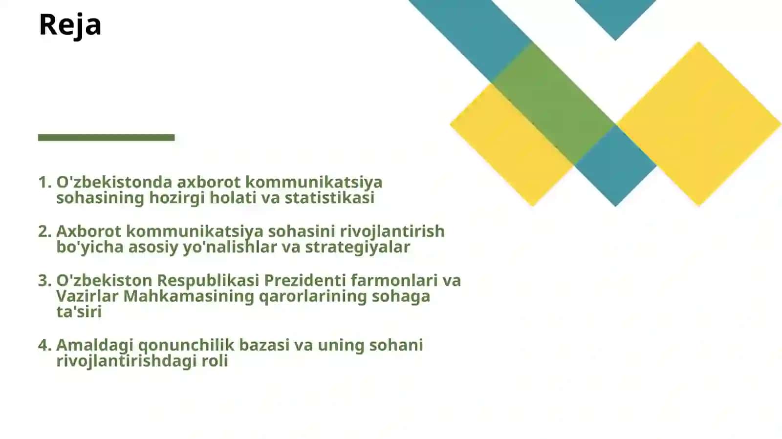 O'ZBEKISTONDA AXBOROT KOMMUNIKATSIYA SOHASINI RIVOJLANTIRISHDAGI ASOSIY YOʻNALISHLARI, AMALDAGI QONUNLAR, O'ZBEKISTON RESPUBLIKASI PREZIDENTI FARMONLARI VA VAZIRLAR MAHKAMASINING QARORLARI 2