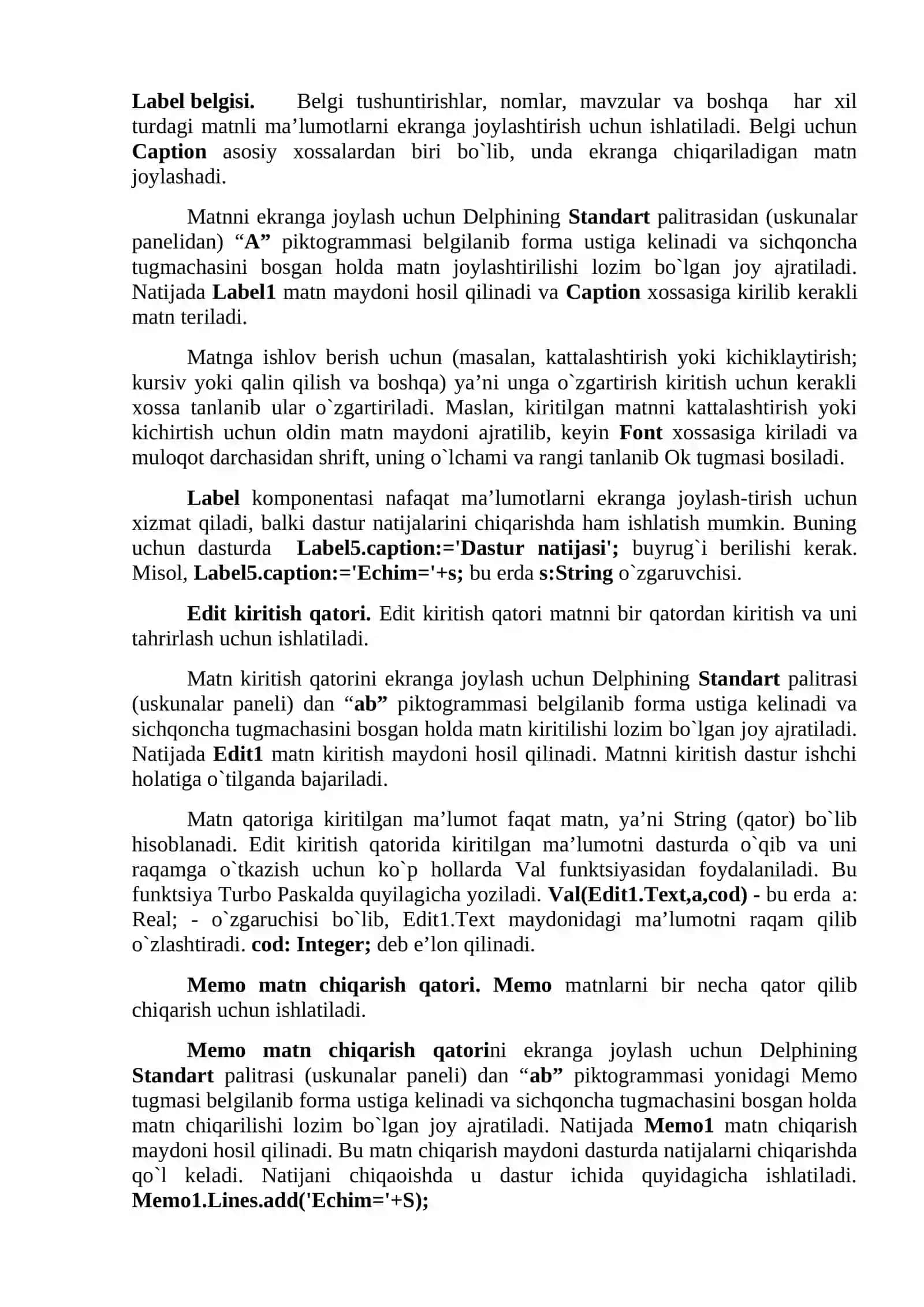 DELPHI vizual dasturlash muhiti kоmpоnеntalari bilan ishlash tехnоlоgiyalari 2