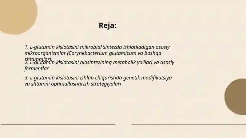 L-glutamin kislotani mikrobiologik uslubda sintezlash va ajratib olish texnologiyasi 2