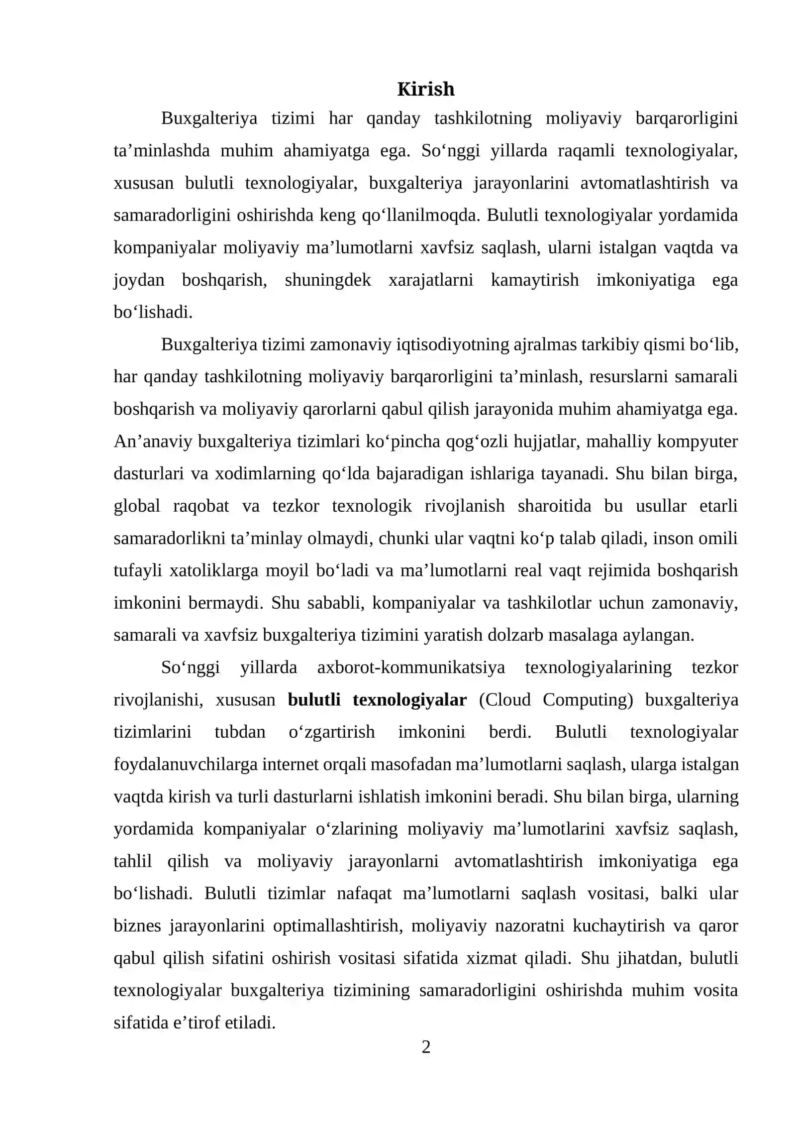 BULUTLI TEXNOLOGIYALAR ASOSIDA BUXGALTERIYA TIZIMINI TASHKIL ETISHNING SAMARADORLIGI 2