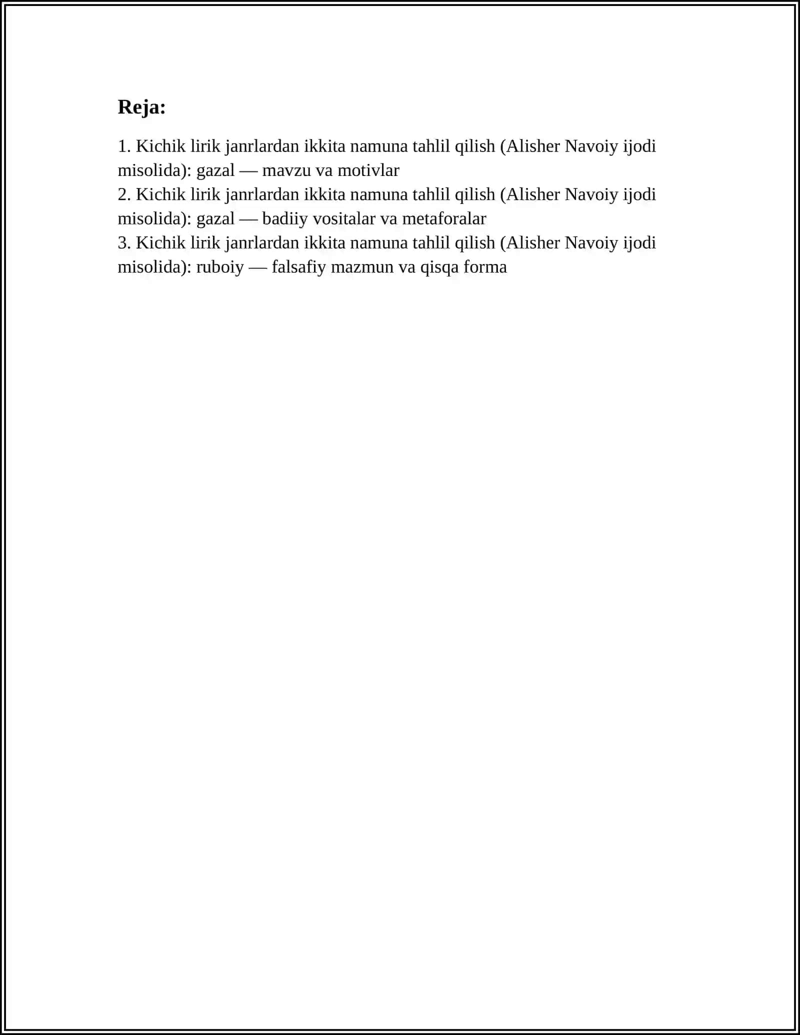KICHIK LIRIK JANRLARDAN IKKITA NAMUNA TAHLIL QILISH (ALISHER NAVOIY IJODI MISOLDA) 2