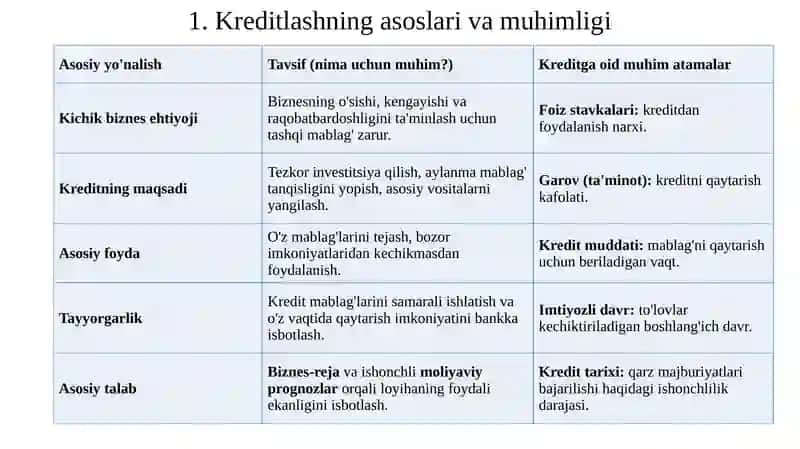 Kichik biznes va tadbirkorlik uchun kredit mahsulotlari haqida  11 talik taqdimot 2