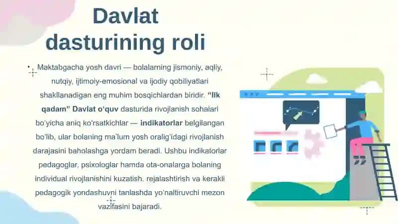 Maktabgacha yoshdagi bolalarni rivojlanish sohalari ilk qadam o'quv dasturi bo'yicha. 2