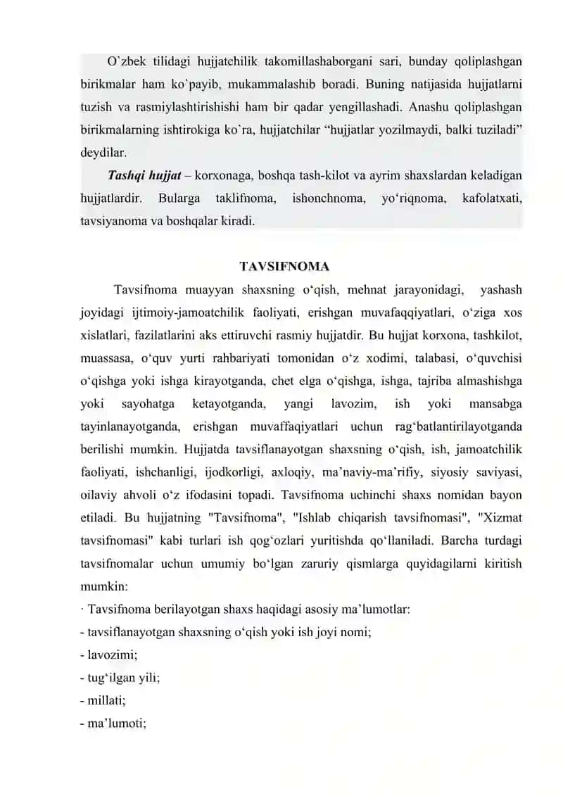 Tavsifnoma, tavsiyanoma, ma'lumotnoma yozish. 2