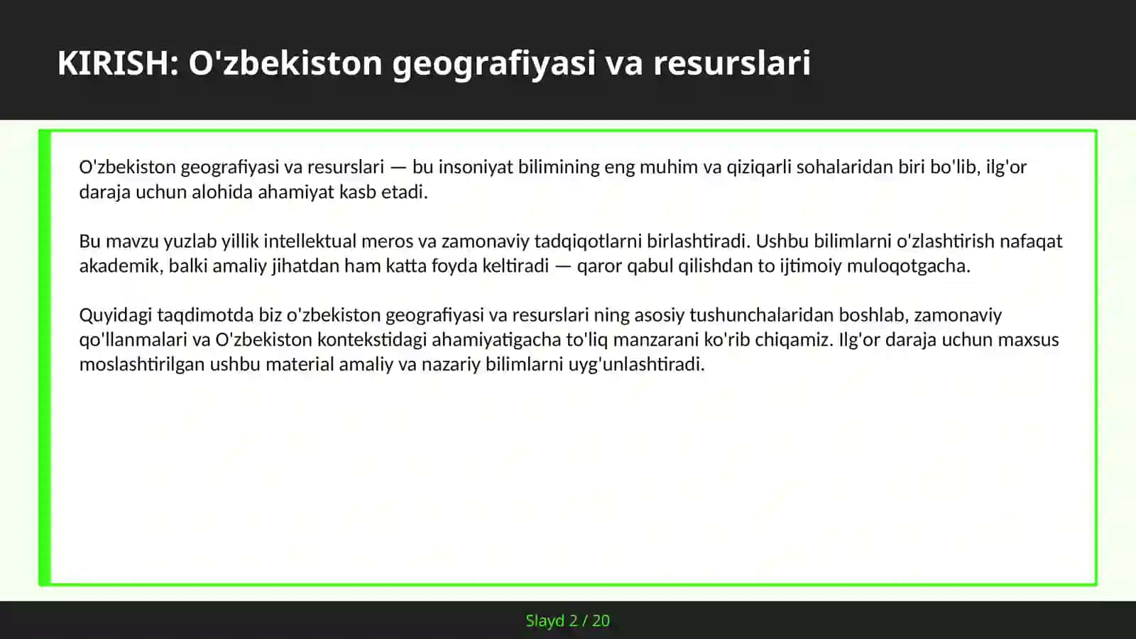 O'ZBEKISTON GEOGRAFIYASI VA RESURSLARI 2