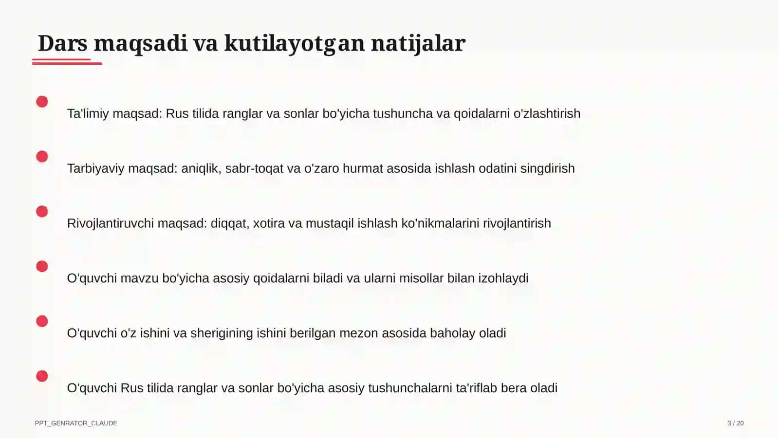Rus tilida ranglar va sonlar (2-sinf) 3