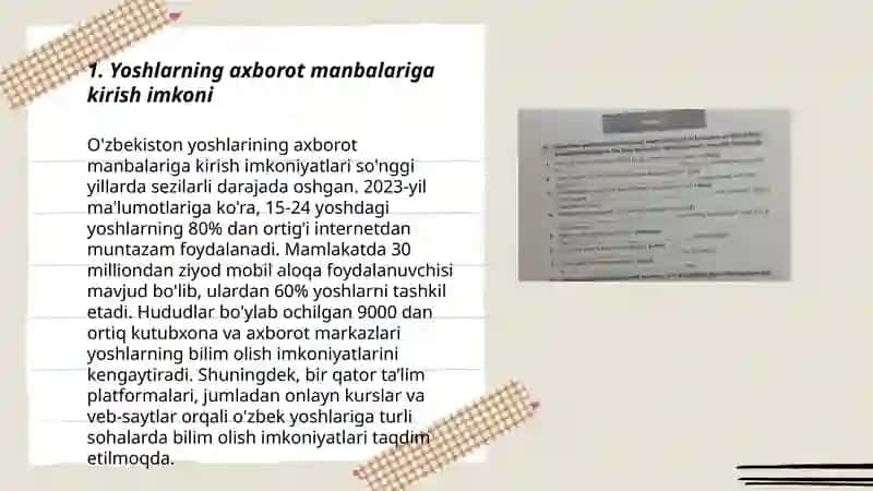 Yoshlarni axborotni qabul qilishligi va ularga nisbatan ongli munosabatlarni shakllantirish mavzusida slayd tayyorlab ber 3