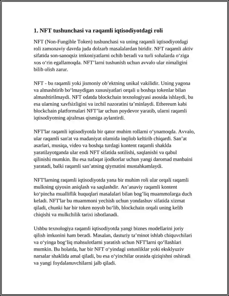 NFT VA RAQAMLI IQTISODIYOT: BU YANGI AKTIVNING SALOHIYATI VA XATARLARI 3