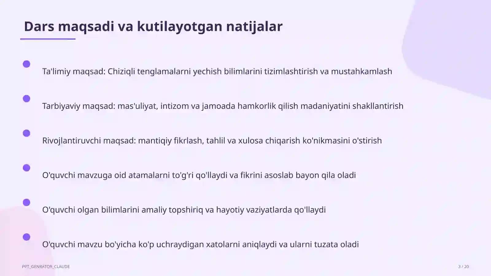 Chiziqli tenglamalarni yechish (6-sinf) Matematika (5– 6) — metodik birlashma uchun 3