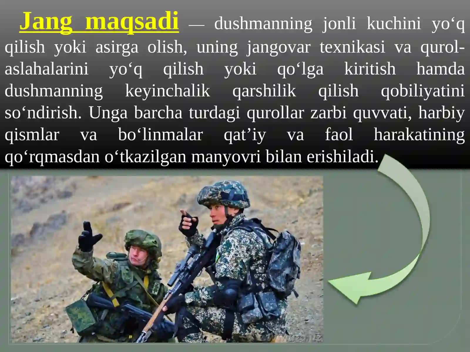 Jang haqida tushuncha va zamonaviy umumqo‘shin jangi - tavsifi, uning maqsadi 3