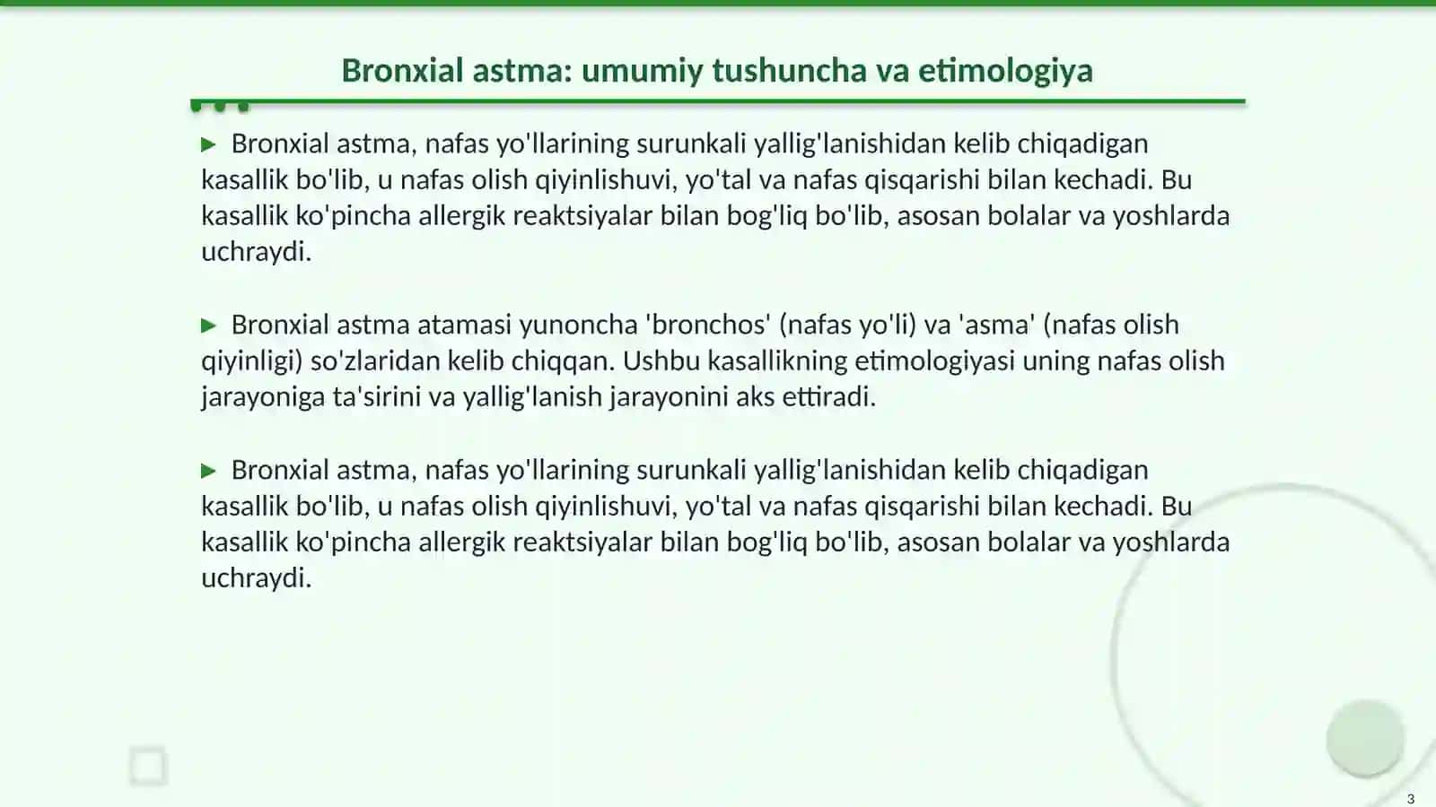 Bronxial astma. Klinika, hamshiralik jarayoni. profilaktika va reabilitatsiya. Bronxial astma xurujida 1-yordam Pikfloumetriya o'tkazish texnikasi 3