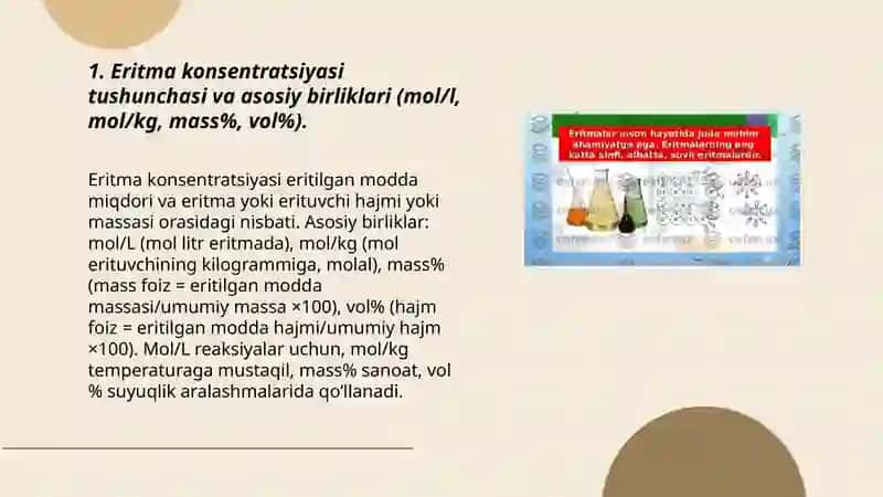 Eritmalar konsentiratsiyasiyalari orasida bog'liqlikni misol va masalalar bilan tushuntiring 3