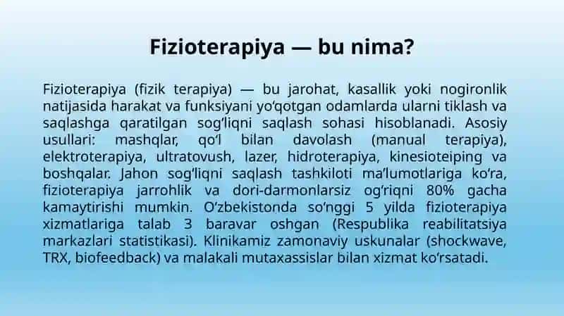 FIZIOTERAPIYA MUASSASASINI TASHKIL ETISH Marketing fani bo‘yicha loyiha ishi 3
