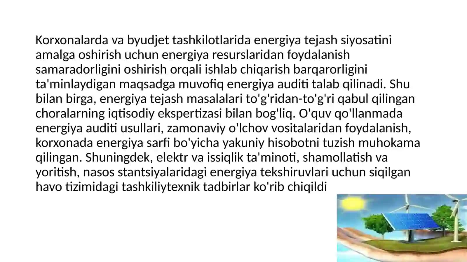 18 Sanoat va maishiy iste’milchilarni suv iste’molini cheklash bo’yicha tadbirlar. Energiya tejamkorlik bilan bog’liq 3